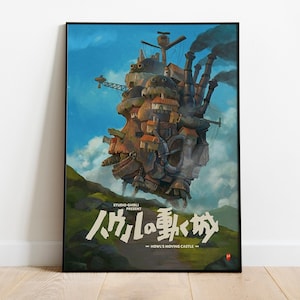 Cartel del castillo en movimiento de Howl - Impresión de arte del castillo en movimiento de Howl - Cartel japonés personalizado - Arte de pared anime - Regalo - Póster