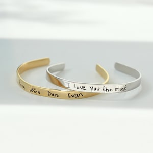 Gold Vermeil or Sterling Silver Memorial Handwriting Jewelry in Engraved Handwritten Gifts, Signature Bracelets, Keepsake & Memorial Cuffs