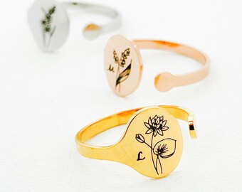 Birth Flower Ring Adjustable Initial Ring Birth Month Flower Ring January February March April May June July August September October Gift