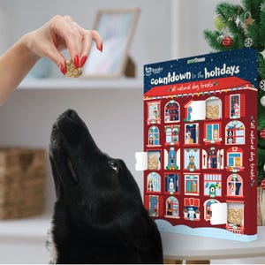 May include: A black dog looks up at a treat held by a person. A holiday-themed advent calendar with windows featuring dog illustrations and treats is in the background. The calendar reads "Countdown to the Holidays" and "All Natural Dog Treats."