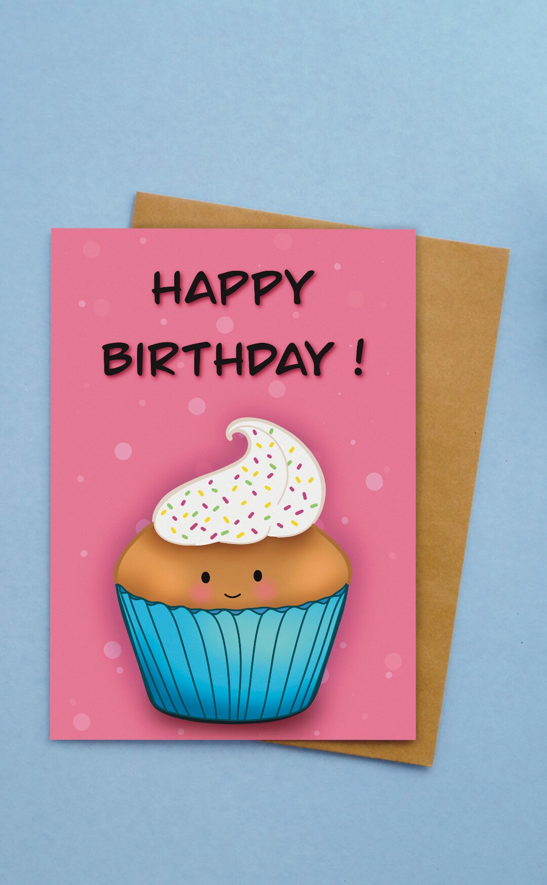Cute Birthday Cupcake Birthday Greeting Card, Kawaii Cupcake Eco