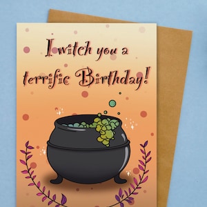 Chaudron magique - Carte de voeux anniversaire, colorée, sorcière | Carte de vœux écologique | Papier 100% recyclé. Fabriqué au Québec, Canada.