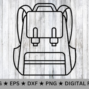 May include: A black and white line drawing of a backpack with two straps and a zippered pocket on the front.
