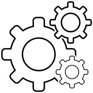 May include: Black and white line drawing of three interlocking gears. The gears are all the same size and have eight teeth each.