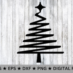 May include: Black and white silhouette of a stylised Christmas tree with a star on top.