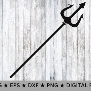 May include: A black silhouette of a trident, a three-pronged spear, against a white wood background.