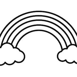 May include: A black and white line drawing of a rainbow with clouds at each end.
