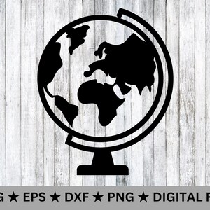 May include: Black and white silhouette of a globe on a stand. The globe shows the continents of the world.