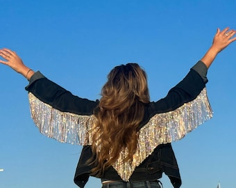 Custom Western Rhinestone Fringe Denim Jacket | Cowgirl Concert Jacket