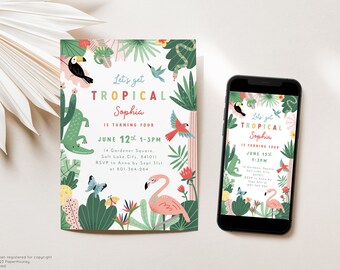 May include: A tropical-themed birthday invitation for a girl named Sophia turning four. The invitation features a pink flamingo, a toucan, a green alligator, and a variety of tropical plants and flowers. The text on the invitation reads "Let's get Tropical Sophia is turning four June 12th 1-3PM 14 Gardener Square, Salt Lake City, 841011 RSVP to Anne by Sept 31st at 801-364-264".