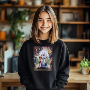 May include: Black sweatshirt featuring a colorful graphic of animated animal characters. The graphic includes a fox, rabbit, and other animals in a vibrant scene. The sweatshirt is a comfortable, casual style.