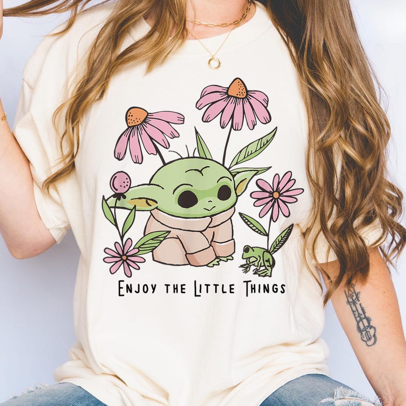 Enjoy The Little Things Shirt, Cute Baby Yoda Comfort Colors Tee, Vintage Grogu Flower Frog T-shirt, Botanical Cottagecore Wildflower Gift image 4