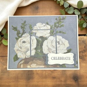 Celebrate with Gorgeous White Roses – Elegant Handmade Card with Soft Grey Background – Perfect for Birthdays and More