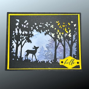 Carte silhouette magnifique cerf - « Hello » - motif forêt et coucher de soleil - voeux fait main
