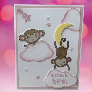 Carte de naissance pour une fille, carte de douche, mignons petits singes pour un nouveau bébé