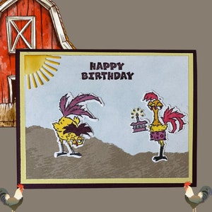 Carte de voeux drôle de fête de poulet de joyeux anniversaire - poulets fantaisistes dans des costumes