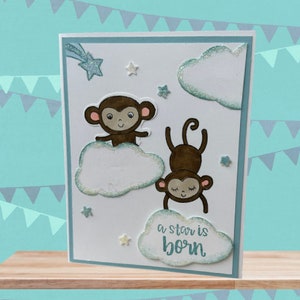 Carte de bébé garçon, carte de voeux Une étoile est née avec des touches de paillettes, baby shower, singes mignons pour nouveau bébé garçon