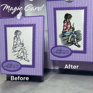 Carte Magic Reveal avec languette | Carte faite main aux couleurs changeantes représentant une fille avec du café