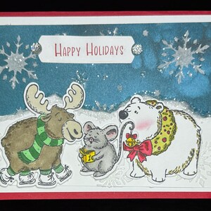 Carte de Noël festive avec un élan, une souris et un ours polaire