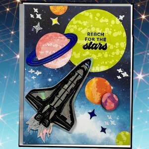 Atteignez les étoiles, carte de voeux, carte de vaisseau spatial, carte de planètes et d'étoiles, carte de voeux pour toutes les occasions, carte de voeux faite main, anniversaire