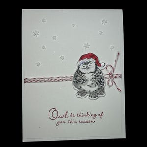 Carte de Noël hibou avec bonnet de Noel et design blanc épuré