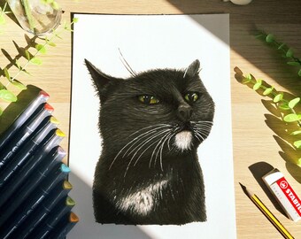 Personalised Hand-Drawn Cat Portrait - Unique Bold Pet Memorial Gift