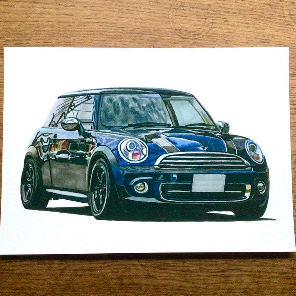 Mini Cooper R56 car print, hand drawn car drawing. Perfect gift for any car lover! Gift for men, gift for dads, home decor, car wall art.