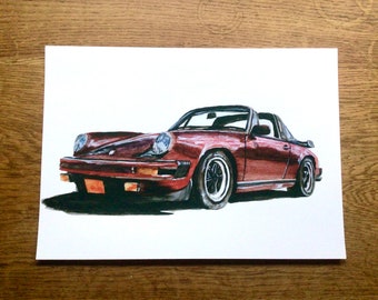 Porsche 911 Targa car print, hand drawn car drawing. Perfect gift for any car lover! Gift for men, gift for dads, home decor, car wall art.