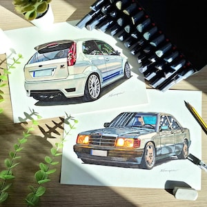 May include: Two hand-drawn illustrations of motor vehicles on white paper. The top drawing depicts a white hatchback from the rear, while the bottom drawing shows a silver saloon from the front with illuminated amber headlights. Both feature artist signatures.