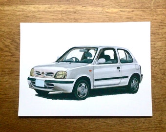 Nissan Micra K11 car print, hand drawn car drawing. Perfect gift for any car lover! Gift for men, gift for dads, home decor, car wall art.