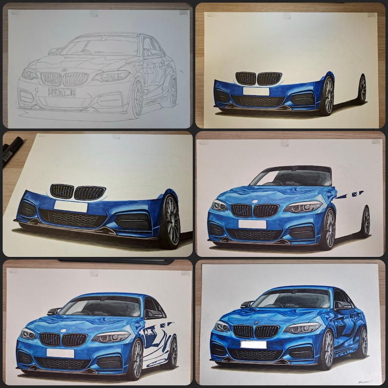 May include: A composite image showing six stages of a colored pencil drawing of a blue BMW car. The process begins with a graphite outline, followed by layers of blue and black pigment, gradually filling in the front bumper, grille, and headlights.