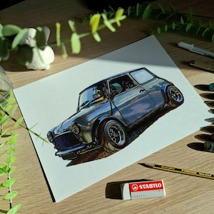 May include: A detailed color drawing of a classic compact car on white paper. The vehicle is depicted in a dark blue hue with wide wheel arches, chrome-rimmed wheels, and a prominent front grille. The artwork captures realistic light reflections.