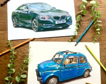 Coloured Pencil Car Drawing, Personalised car drawing, Car portrait, Perfect birthday gift for car enthusiast, gifts for dad. Car Commission