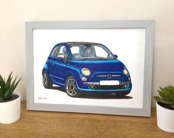 Fiat 500 car print, hand drawn car drawing. Perfect gift for any car lover! Gift for men, gift for men/women, home decor, car wall art.