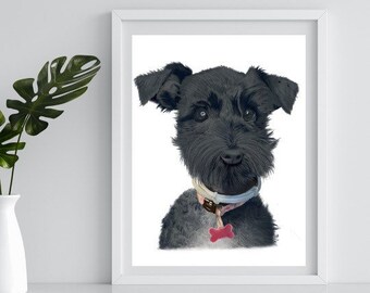 Puede incluir: Una ilustración en blanco y negro de un perro pequeño con un dije de hueso rosa en su collar. El perro está mirando directamente al espectador.