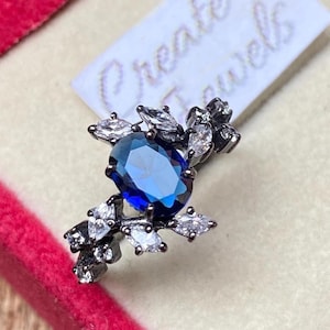Black Sapphire Leaf Ring with Blue Sapphire Rhodium Leaf Design Gothic Engagement or Promise Ring for Women Branch Ring for Sister Art Deco