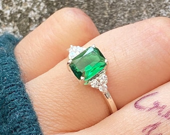 Genuine Emerald Gold Ring 14K Gold Vermeil Emerald Engagement Ring Statement Ring Birthday gift for her Art Deco Promise Ring Black Friday