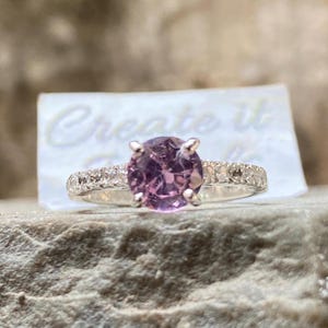Pink Round Gem Ring, Moissanite Accent Band, Dainty Pink Engagement Ring, Sparkly Pastel Jewelry Romantic Gemstone Gift for Girlfriend & Mom