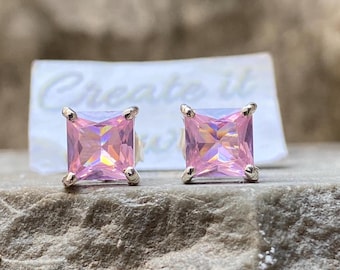 Vierkante oorbellen roze saffier, sierlijke edelsteensieraden, sterlingzilveren studs, minimalistisch cadeau voor haar, geboortesteenoorbellen