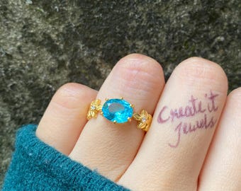 Verlobungsring mit blauem Zirkonia, vergoldetes Sterlingsilber, ovaler Schliff, Naturblatt-Design, Vintage-Brautgeschenk zum Jahrestag