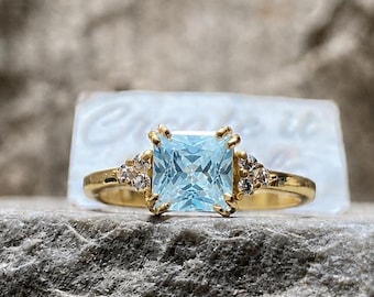Aquamarine Ring, Blue Gemstone, Gold Solitaire, Princess Cut, Dainty Bridal Jewelry, Anniversary Gift for Her, Personalised Jewelry