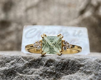 Grüner Amethystring, Prasiolith-Verlobungsring, Goldring mit Edelstein, Vintage-Solitärring, Smaragdschliff-Ring, Jahrestagsgeschenk für Sie