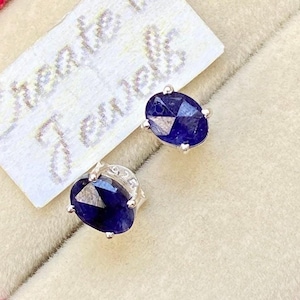 Genuine Blue Sapphire 7x5 Solitaire Oval Silver Stud Earrings Flatback Screwback Blue Studs Natural Sapphire Flatback Earrings Blue Gemstone