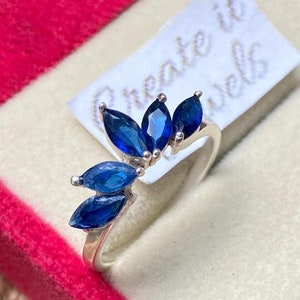 Marquise Blue Sapphire Wedding Band White Gold Engagement Ring Curved Wedding Band Dainty Ring Bridal Promise Ring for Women V Chevron Ring