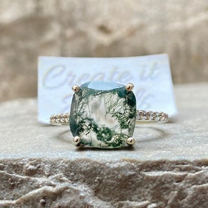 Minimalist Moss Agate Cushion Cut Solitaire Ring Dainty Mossy Agate Ring Nature Inspired Wedding & Engagement Ring Anniversary For Women Her
