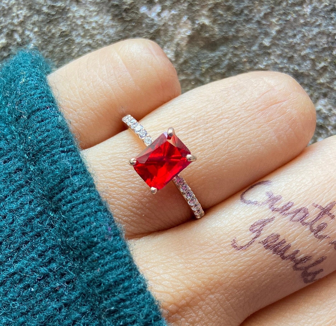 Asscher Cut Lab Created Ruby Solitaire Ring Yellow Gold Minimalist Ring ...