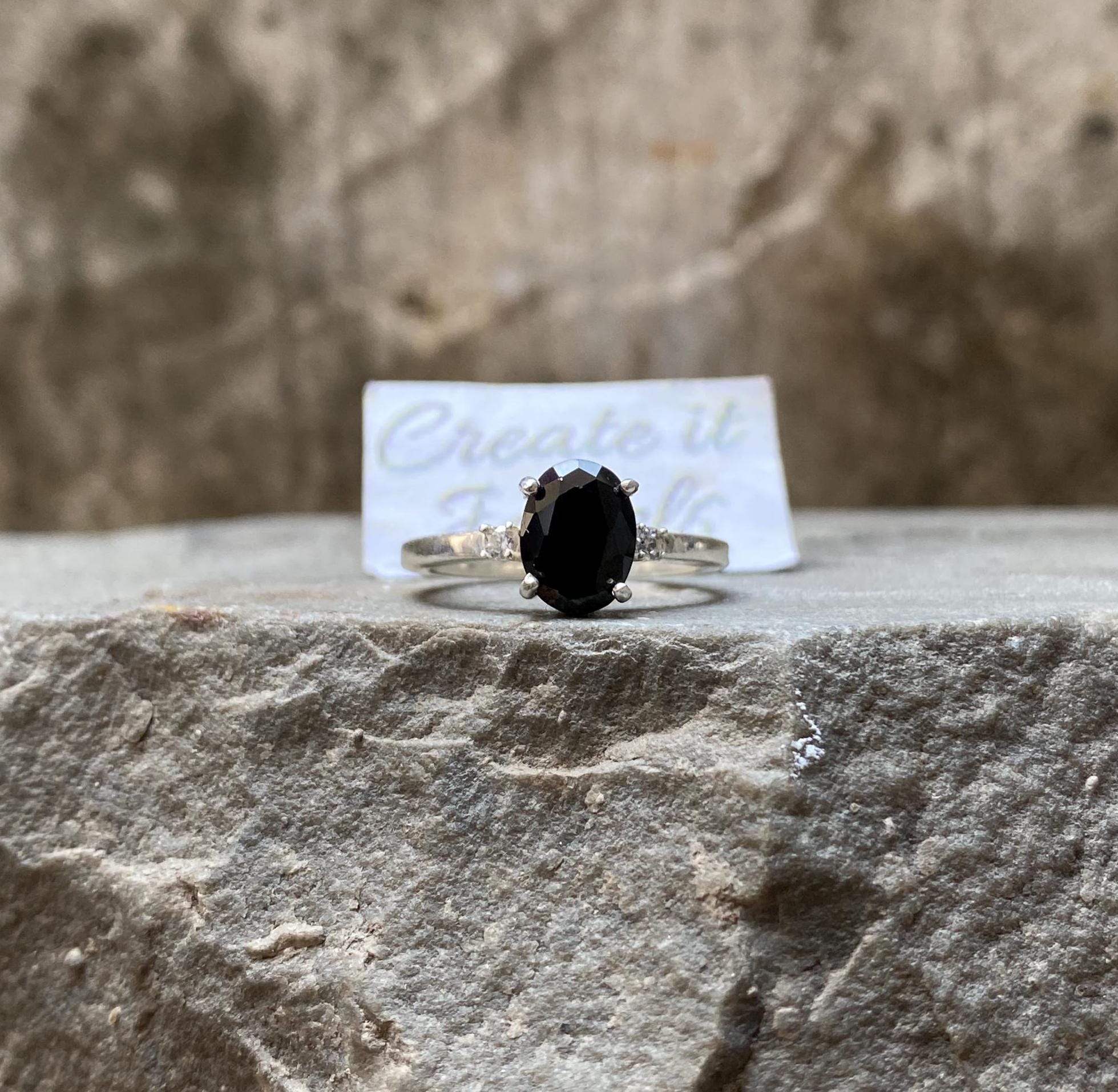 Vintage Black Onyx Engagement Ring, Antique Style, Sterling Silver