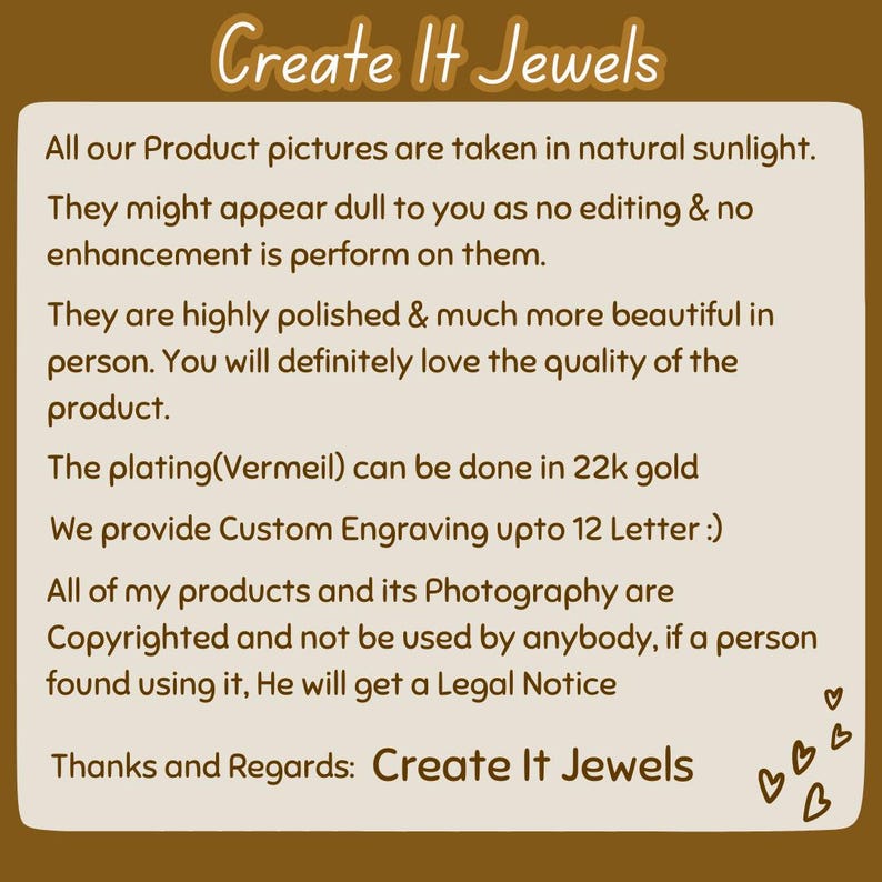 May include: A tan-colored graphic with the text "Create It Jewels" at the top. The text describes product photography, polishing, and custom engraving. The image also states that the products are copyrighted.