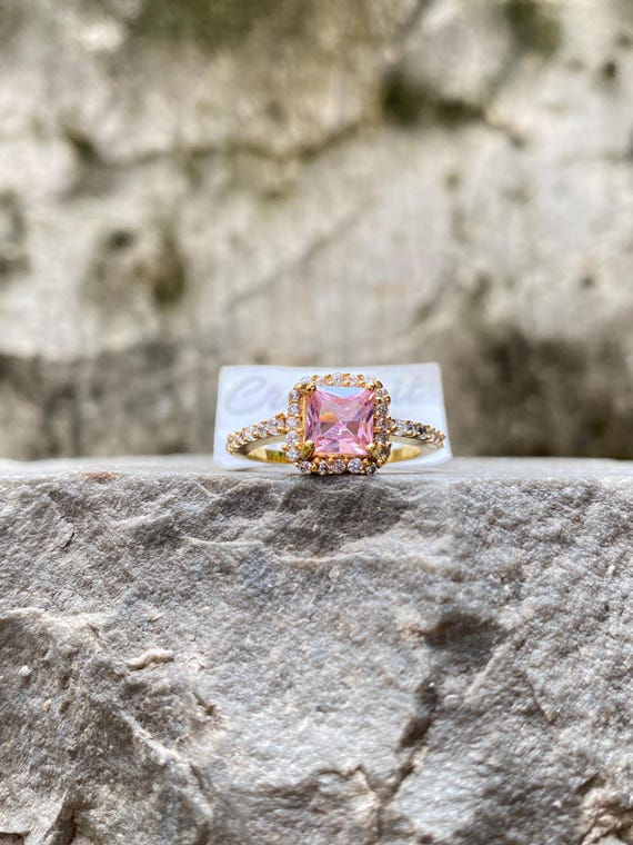 Square Pink Sapphire Ring Moissanite Cluster Band Modern Statement
