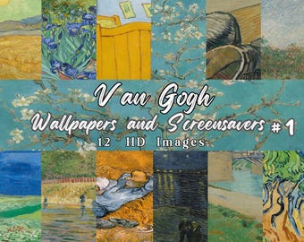 Op de afbeelding: Een verzameling van 12 HD-afbeeldingen met het kunstwerk van Van Gogh, gepresenteerd als wallpapers en screensavers. De afbeeldingen tonen verschillende schilderijen, waaronder landschappen, bloemstukken en interieurscènes, met een turquoise achtergrond.